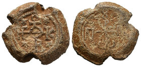 BYZANTINE LEAD SEALS. (Circa 9th-10th centuries).
Obv: Cruciform monogram.
Rev: Monogram

Condition: Very Fine

Weight: 16.25gr
Diameter: 24.77mm

Fro...