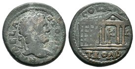 Caracalla Æ As of Alexandria Troas. AD 212/3-215. M AVREL ANTONIN, laureate head right. Temple of Apollo Smintheus seen in perspective, containing sta...