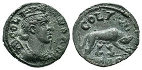 Troas. Alexandreia. Pseudo-autonomous issue. Time of Gallienus AD 253-268. Bronze Æ COL TROAD, turreted and draped bust of Tyche right, vexillum behin...