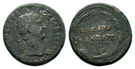 Roman Ae26 Trajan Antioch 98-99AD Obverse: AYTOKP KAIC NEP TPAIANOC CEB ГEPM. Reverse: DHMAPX E≡ YПAT B with 2 lines legend in laurel wreath, dated CO...