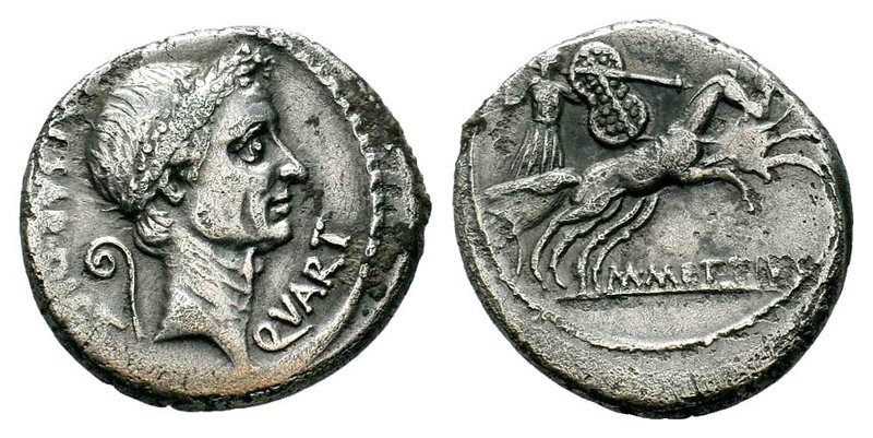 C. Iulius Caesar and M. Mettius. Denarius 44, AR 3.20 g. Wreathed head of Caesar...