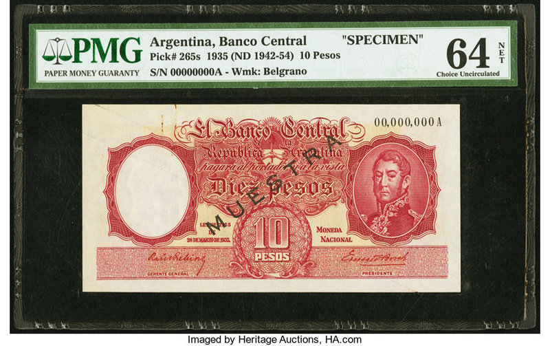 Argentina Banco Central 10 Pesos 1935 (ND 1942-54) Pick 265s Specimen PMG Choice...