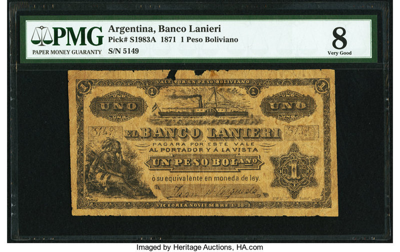 Argentina Banco Lanieri 1 Peso Boliviano 10.11.1871 Pick S1983A PMG Very Good 8....