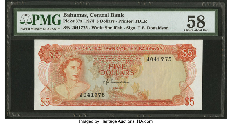 Bahamas Central Bank 5 Dollars 1974 Pick 37a PMG Choice About Unc 58. 

HID09801...