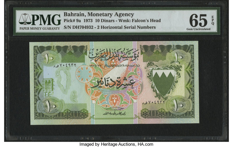 Bahrain Monetary Agency 10 Dinars 1973 Pick 9a PMG Gem Uncirculated 65 EPQ. 

HI...