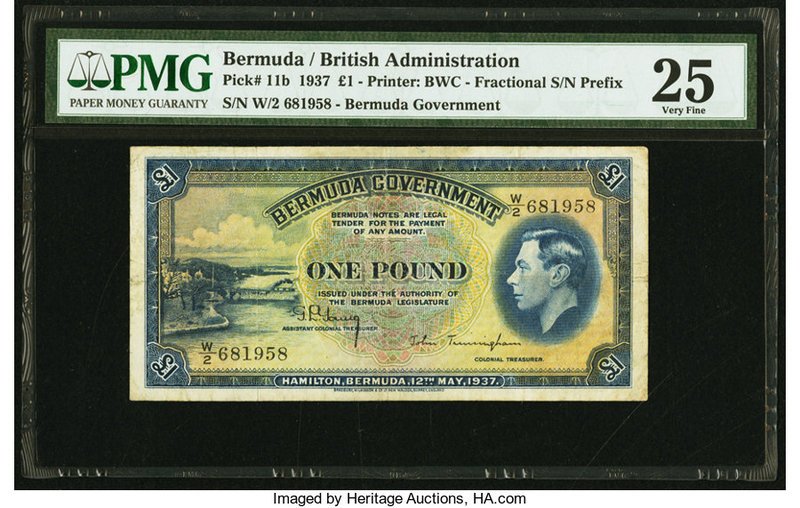 Bermuda Bermuda Government 1 Pound 12.5.1937 Pick 11b PMG Very Fine 25. Stain.

...