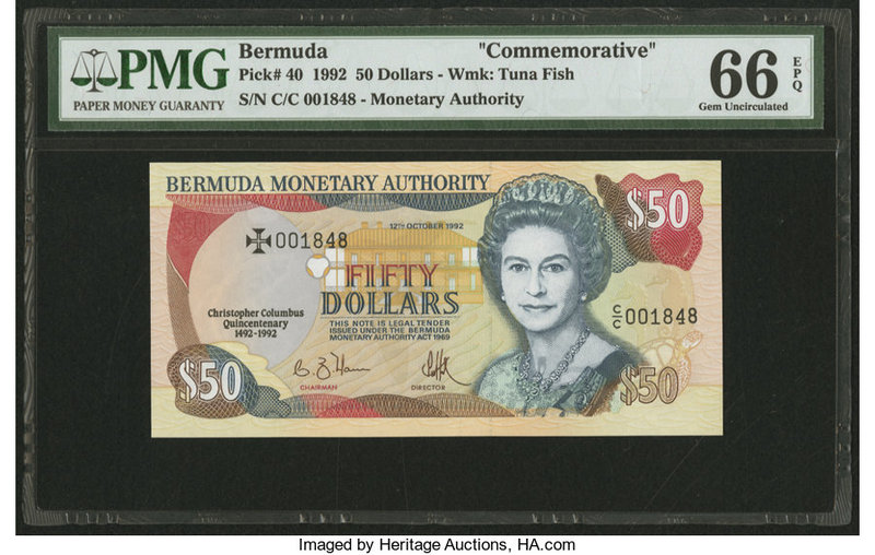 Bermuda Monetary Authority 50 Dollars 12.10.1992 Pick 40 Commemorative PMG Gem U...