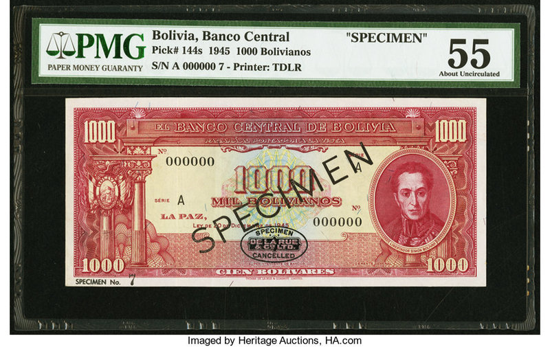 Bolivia Banco Central 1000 Bolivianos 20.12.1945 Pick 144s Specimen PMG About Un...
