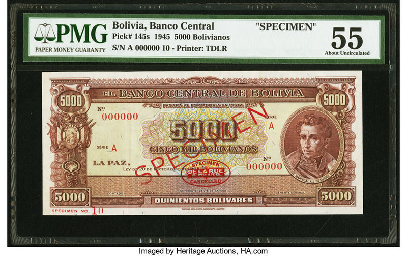 Bolivia Banco Central 5000 Bolivianos 20.12.1945 Pick 145s Specimen PMG About Un...