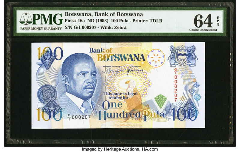 Botswana Bank of Botswana 100 Pula ND (1993) Pick 16a PMG Choice Uncirculated 64...