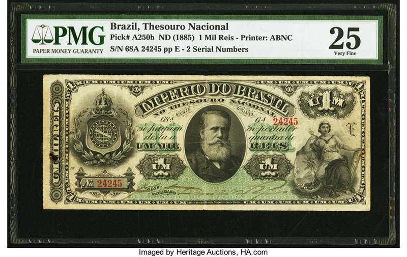 Brazil Thesouro Nacional 1 Mil Reis ND (1885) Pick A250b PMG Very Fine 25. Minor...