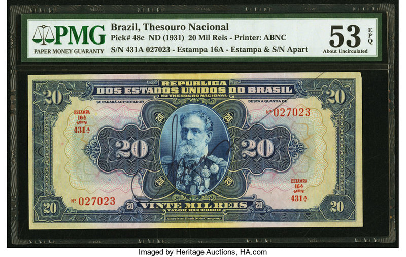 Brazil Thesouro Nacional 20 Mil Reis ND (1931) Pick 48c PMG About Uncirculated 5...