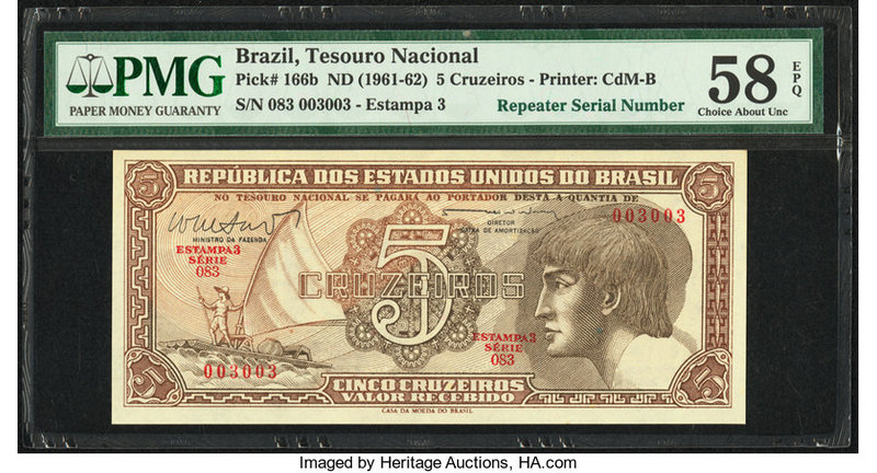 Repeater Serial Number Brazil Tesouro Nacional 5 Cruzeiros ND (1961-62) Pick 166...