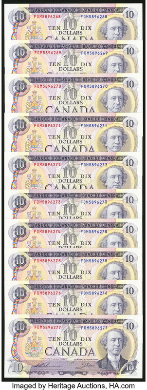 Canada Bank of Canada $10 1971 Pick 88e BC-49e Ten Consecutive Examples Crisp Un...