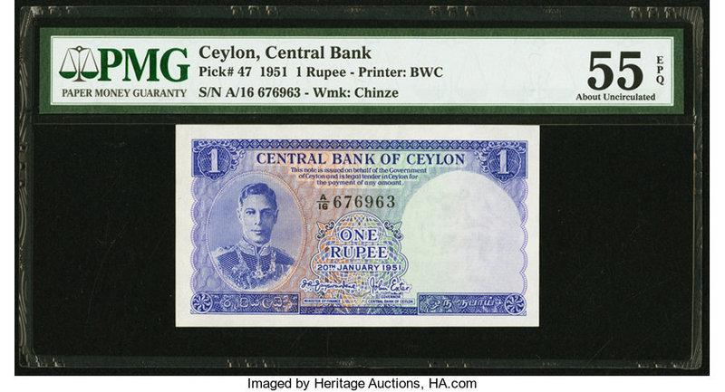 Ceylon Central Bank of Ceylon 1 Rupee 20.1.1951 Pick 47 PMG About Uncirculated 5...