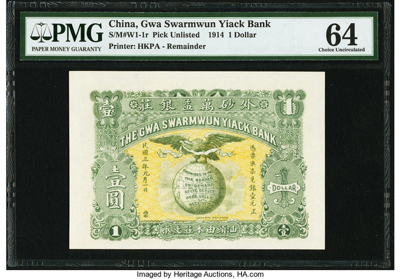 China Gwa Swarmwun Yiack Bank 1 Dollar 1914 Pick UNL PMG Choice Uncirculated 64....