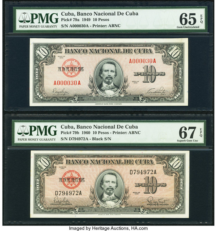 Low Serial Number 30 Cuba Banco Nacional de Cuba 10 Pesos 1949 Pick 79a PMG Gem ...