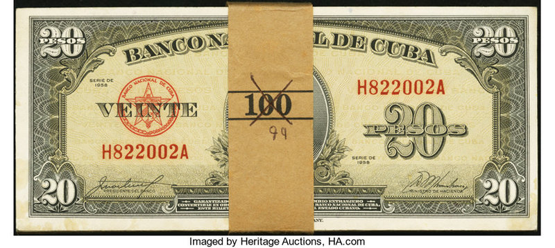 Cuba Banco Nacional de Cuba 20 Pesos 1958 Pick 80b Pack of 99 Consecutive Notes ...