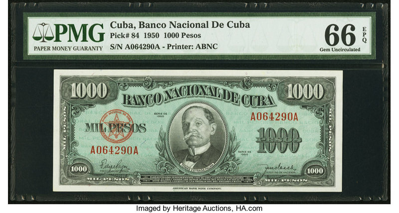 Cuba Banco Nacional de Cuba 1000 Pesos 1950 Pick 84 PMG Gem Uncirculated 66 EPQ....