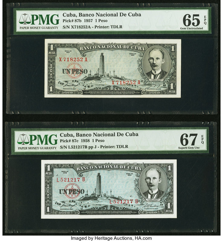 Cuba Banco Nacional de Cuba 1 Peso 1957; 1958 Pick 87b; 87c Two Date Variety Exa...