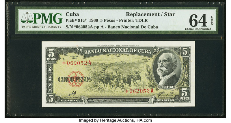 Cuba Banco Nacional de Cuba 5 Pesos 1960 Pick 91c* Replacement PMG Choice Uncirc...