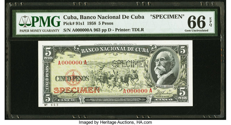 Cuba Banco Nacional de Cuba 5 Pesos 1958 Pick 91s1 Specimen PMG Gem Uncirculated...