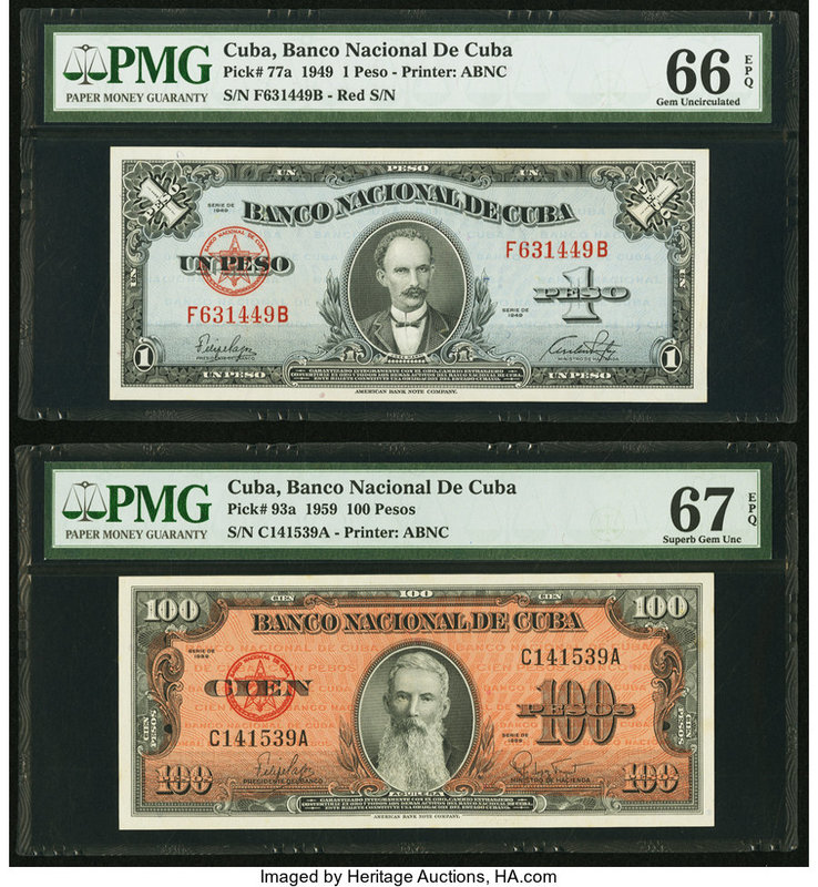 Cuba Banco Nacional de Cuba 1; 100 Pesos 1949; 1959 Pick 77a; 93a Two Examples P...