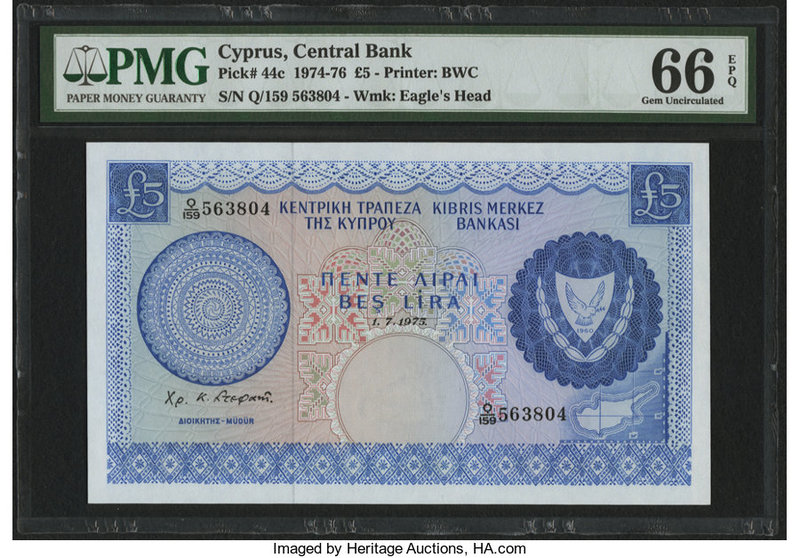 Cyprus Central Bank of Cyprus 5 Pounds 1.7.1975 Pick 44c PMG Gem Uncirculated 66...