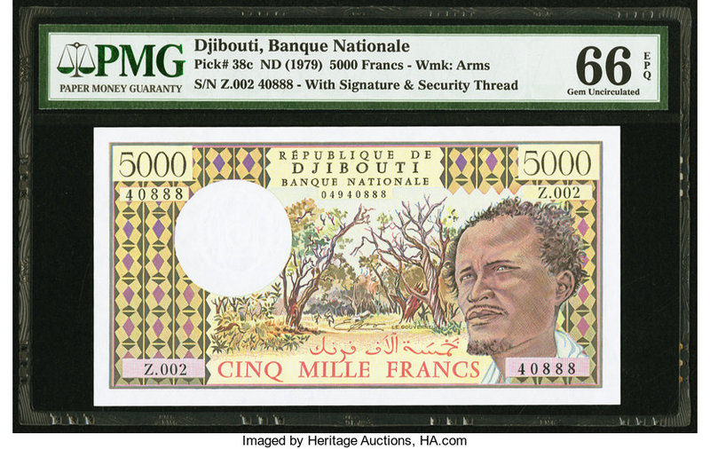 Djibouti Banque Nationale 5000 Francs ND (1979) Pick 38c PMG Gem Uncirculated 66...