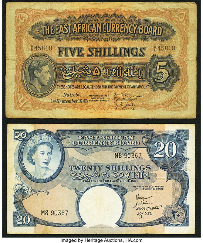 East Africa East African Currency Board 5 Shillings 1.9.1943 Pick 28b; 20 Shilli...