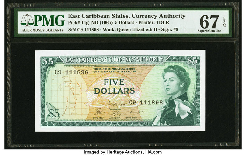 East Caribbean States Currency Authority 5 Dollars ND (1965) Pick 14g PMG Superb...