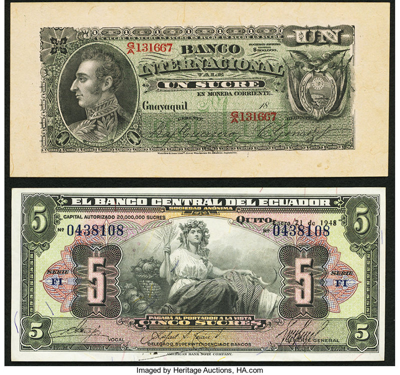Ecuador Banco Central del Ecuador 5 Sucres 21.1.1948 Pick 91c; Banco Internacion...