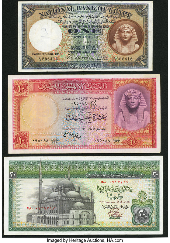 Egypt National Bank of Egypt 1 Pound 9.6.1948 Pick 22d; 10 Pounds 1960 Pick 32; ...