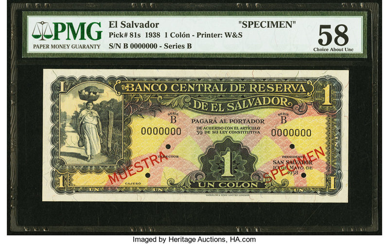 El Salvador Banco Central de Reserva de El Salvador 1 Colon 10.5.1938 Pick 81s S...