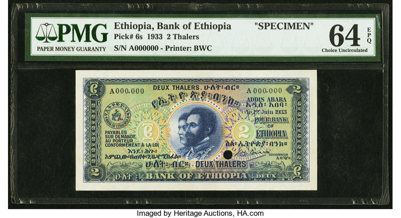 Ethiopia Bank of Ethiopia 2 Thalers 1.6.1933 Pick 6s Specimen PMG Choice Uncircu...