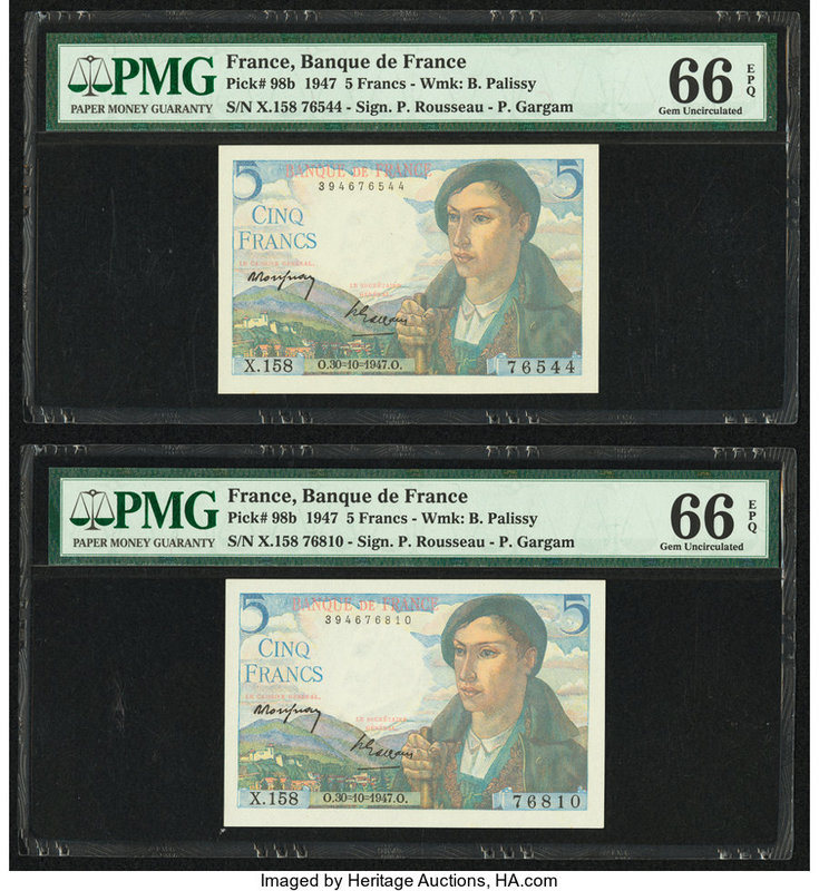 France Banque de France 5 Francs 30.10.1947 Pick 98b Two Examples PMG Gem Uncirc...