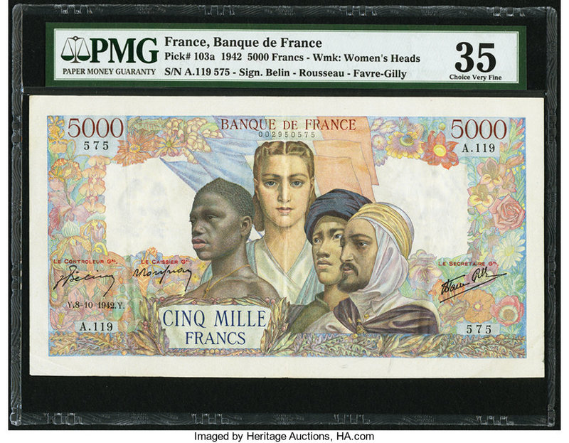 France Banque de France 5000 Francs 8.10.1942 Pick 103a PMG Choice Very Fine 35....