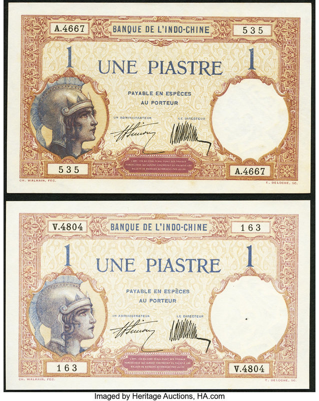 French Indochina Banque de l'Indo-Chine 1 Piastre ND (1927-31) Pick 48b, Two Exa...