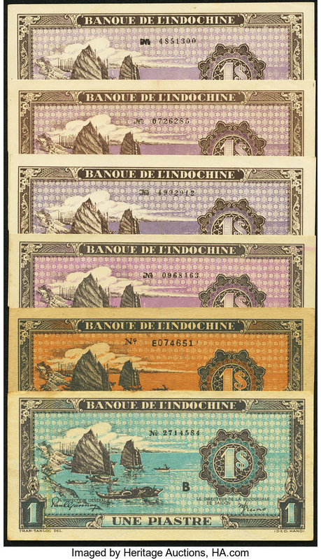 A Colorful Assortment of 1 Piastres Issues from French Indochina. Very Fine or B...
