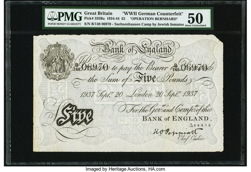 Great Britain Bank of England 5 Pounds 20.9.1937 Pick 335Ba "Operation Bernhard"...