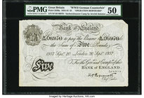 Great Britain Bank of England 5 Pounds 20.9.1937 Pick 335Ba "Operation Bernhard" Counterfeit PMG About Uncirculated 50. Paper maker's notch; pinholes,...