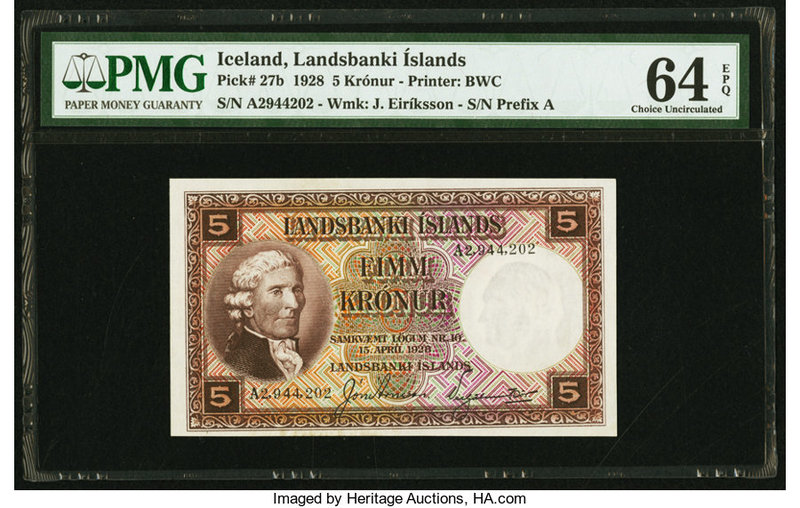 Iceland Landsbanki Islands 5 Kronur 15.4.1928 Pick 27b PMG Choice Uncirculated 6...