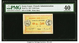 Ivory Coast Gouvernment General de l'Afrique Occidentale Francaise .50 Franc 11.2.1917 Pick 1a PMG Extremely Fine 40. Staple holes, minor rust.

HID09...