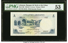 Lebanon Banque de Syrie et du Grand-Liban 5 Livres 1952-64 Pick 56b PMG About Uncirculated 53. 

HID09801242017