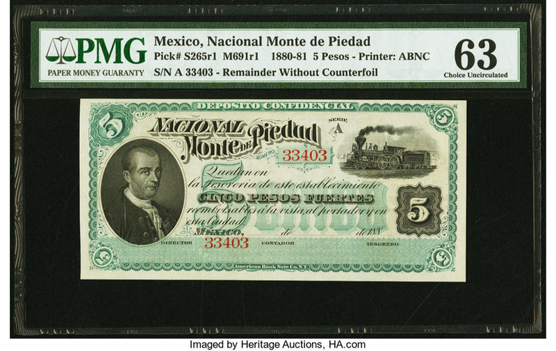 Mexico Nacional Monte de Piedad 5 Pesos 1880-81 Pick S265r1 M691r1 Remainder PMG...