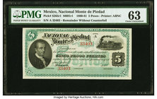 Mexico Nacional Monte de Piedad 5 Pesos 1880-81 Pick S265r1 M691r1 Remainder PMG Choice Uncirculated 63. Minor ink.

HID09801242017