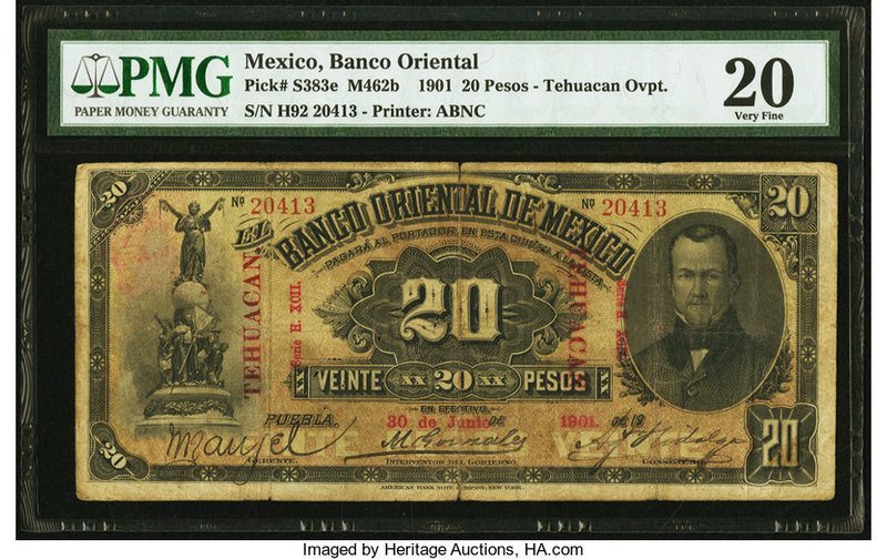 Mexico Banco Oriental 20 Pesos 30.1.1901 Pick S383e M462b PMG Very Fine 20. Spin...