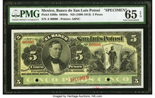 Mexico Banco de San Luis Potosi 5 Pesos ND (1898-1913) Pick S399s M484s Specimen PMG Gem Uncirculated 65 EPQ. Printer's annotations, two POCs.

HID098...