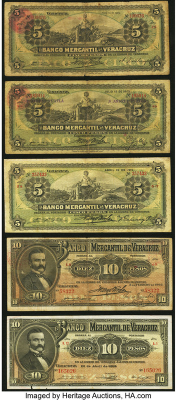 A Quintet of 5 and 10 Peso Notes from the Banco Mercantil De Veracruz in Mexico....
