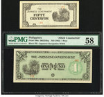 Philippines Japanese Government 1 Peso ND (1942) Pick 106x Allied Counterfeit Note PMG Choice About Unc 58; and 50 Centavos ND (1942) Pick 105 About U...